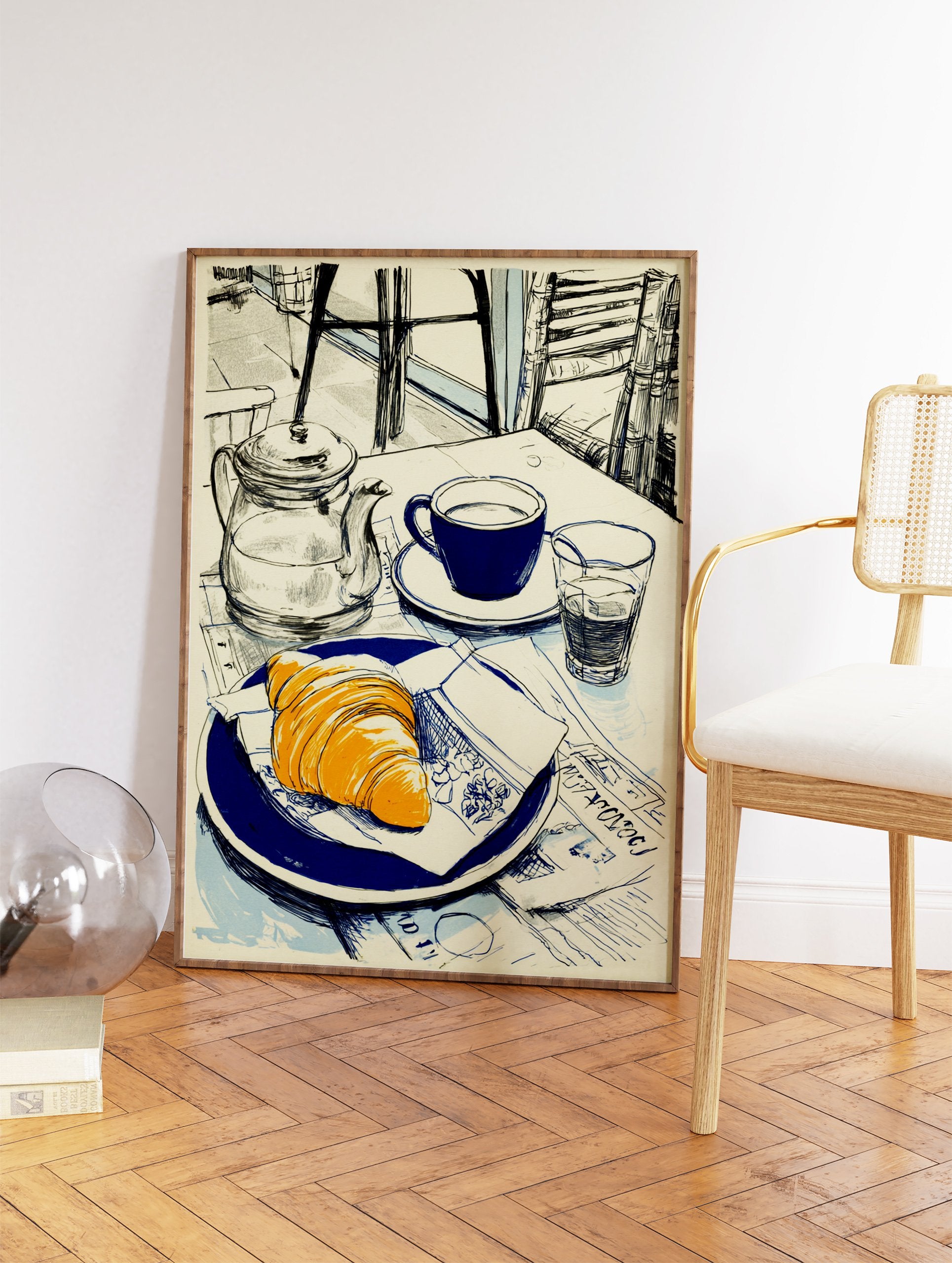 Illustrative art print of a cafe breakfast with a croissant, blue coffee cup, and teapot on a newspaper-covered table. - Image 2
