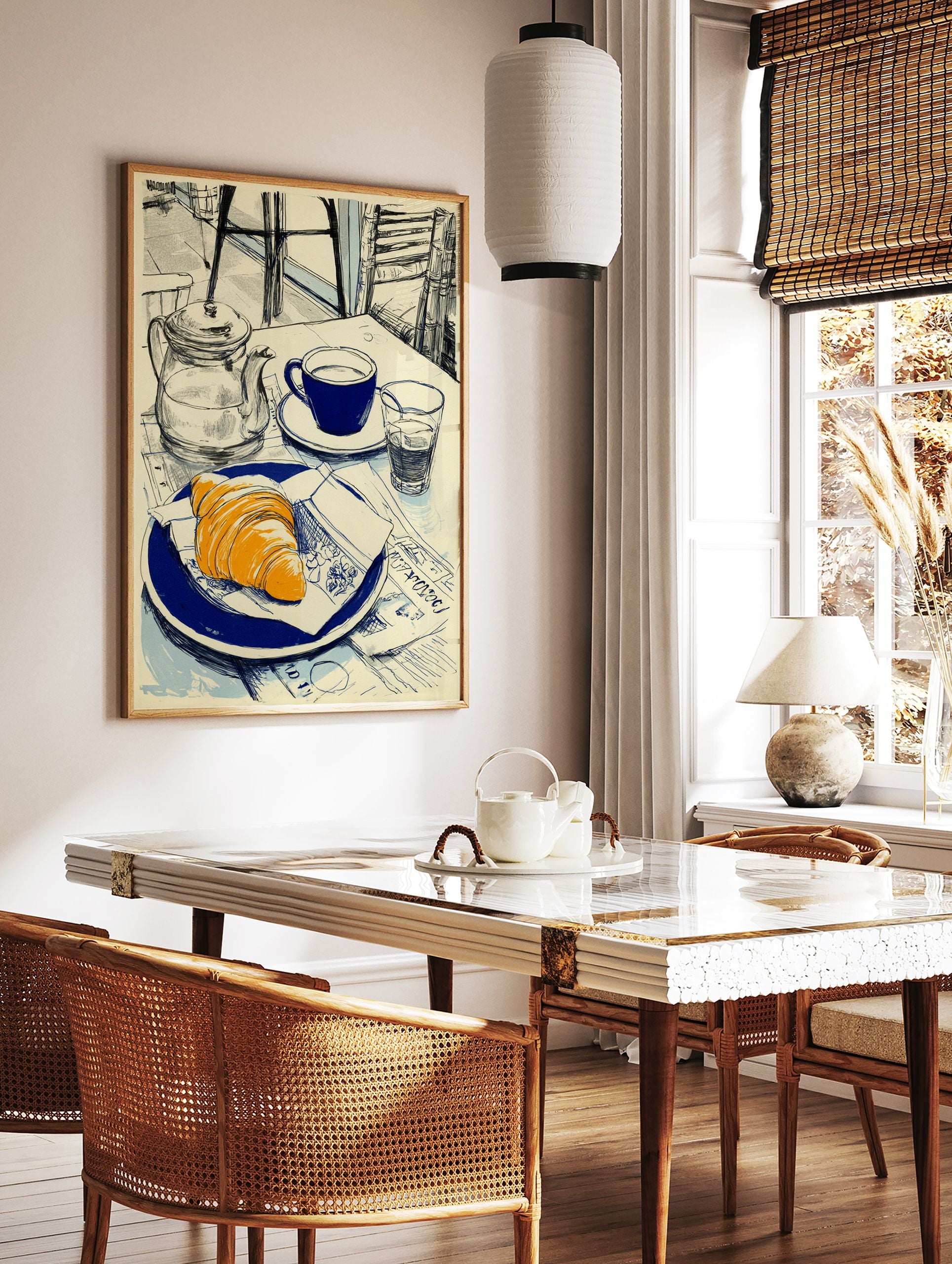 Illustrative art print of a cafe breakfast with a croissant, blue coffee cup, and teapot on a newspaper-covered table. - Image 3