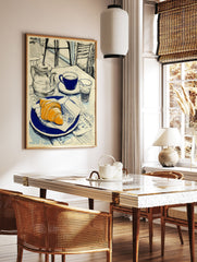 Illustrative art print of a cafe breakfast with a croissant, blue coffee cup, and teapot on a newspaper-covered table. - Image 3