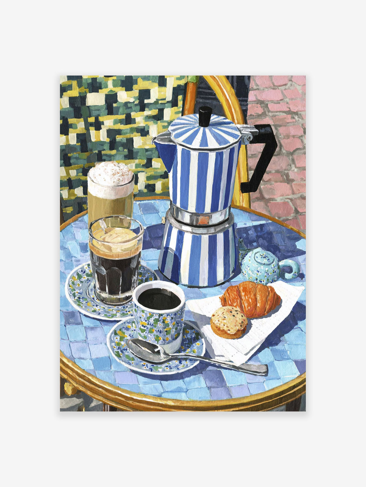 A painting of a cafe breakfast with coffee, a moka pot, croissant, and cookie on a blue tiled table.