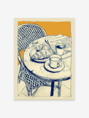Illustrated cafe breakfast scene with croissants, coffee, and newspaper on a marble table, blue lines on orange background.