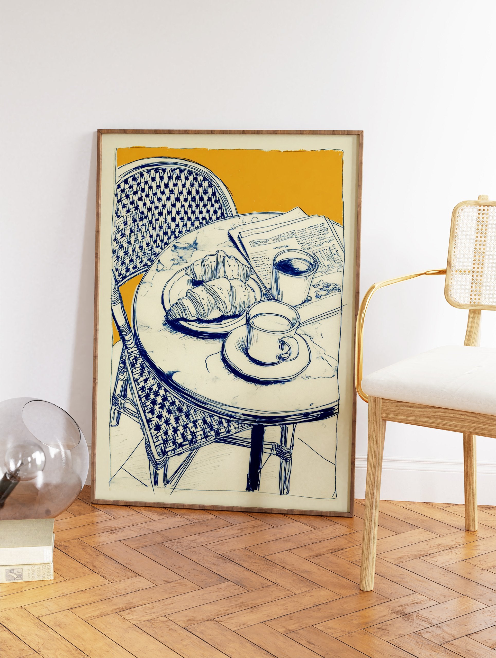 Illustrated cafe breakfast scene with croissants, coffee, and newspaper on a marble table, blue lines on orange background. - Image 2