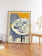 Illustrated cafe breakfast scene with croissants, coffee, and newspaper on a marble table, blue lines on orange background. - Image 2