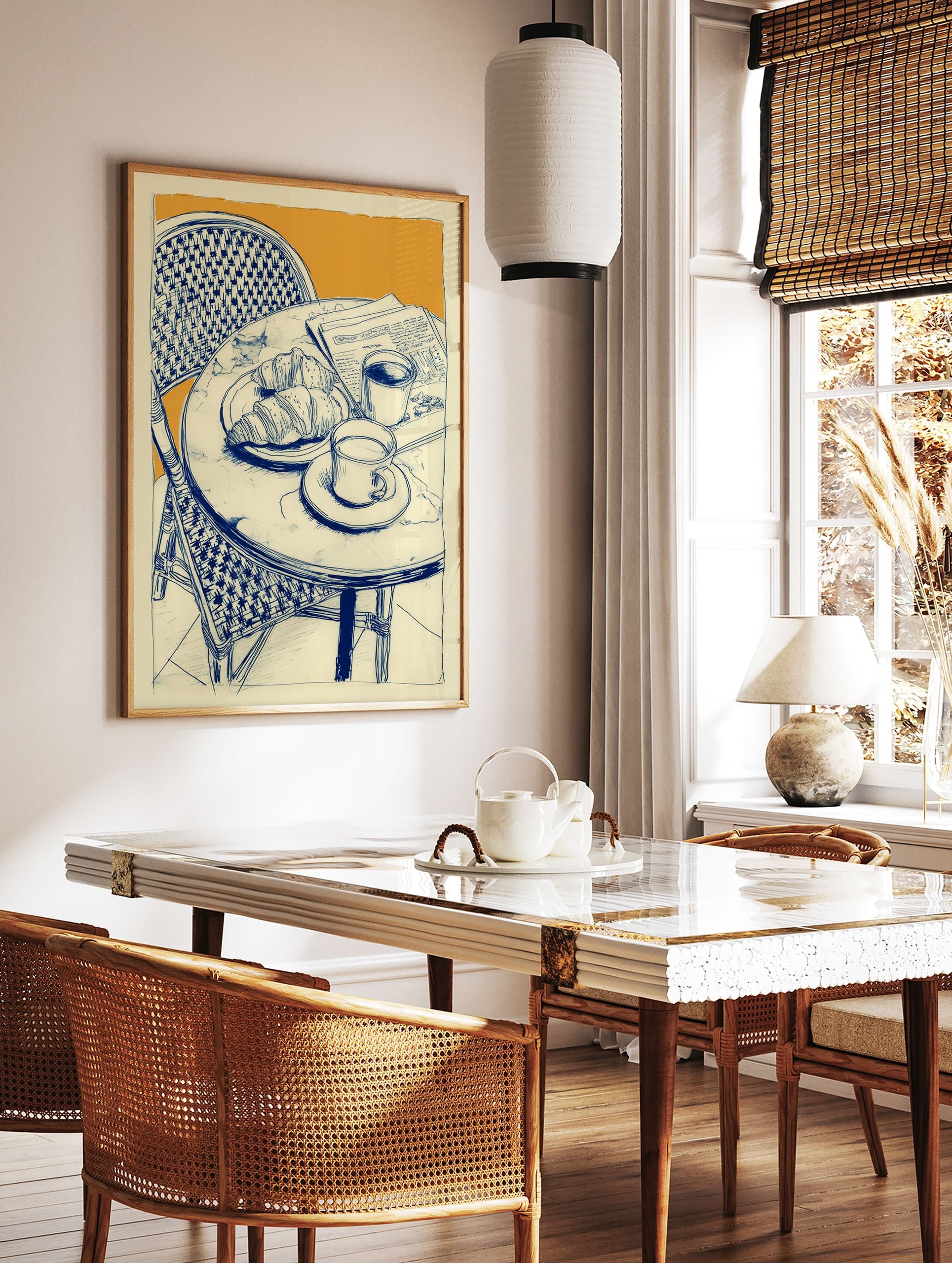 Illustrated cafe breakfast scene with croissants, coffee, and newspaper on a marble table, blue lines on orange background. - Image 3