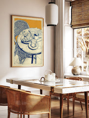 Illustrated cafe breakfast scene with croissants, coffee, and newspaper on a marble table, blue lines on orange background. - Image 3