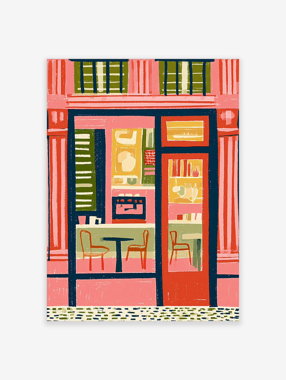 Pink café interior illustration with orange chairs, table, and window, retro style wall art print