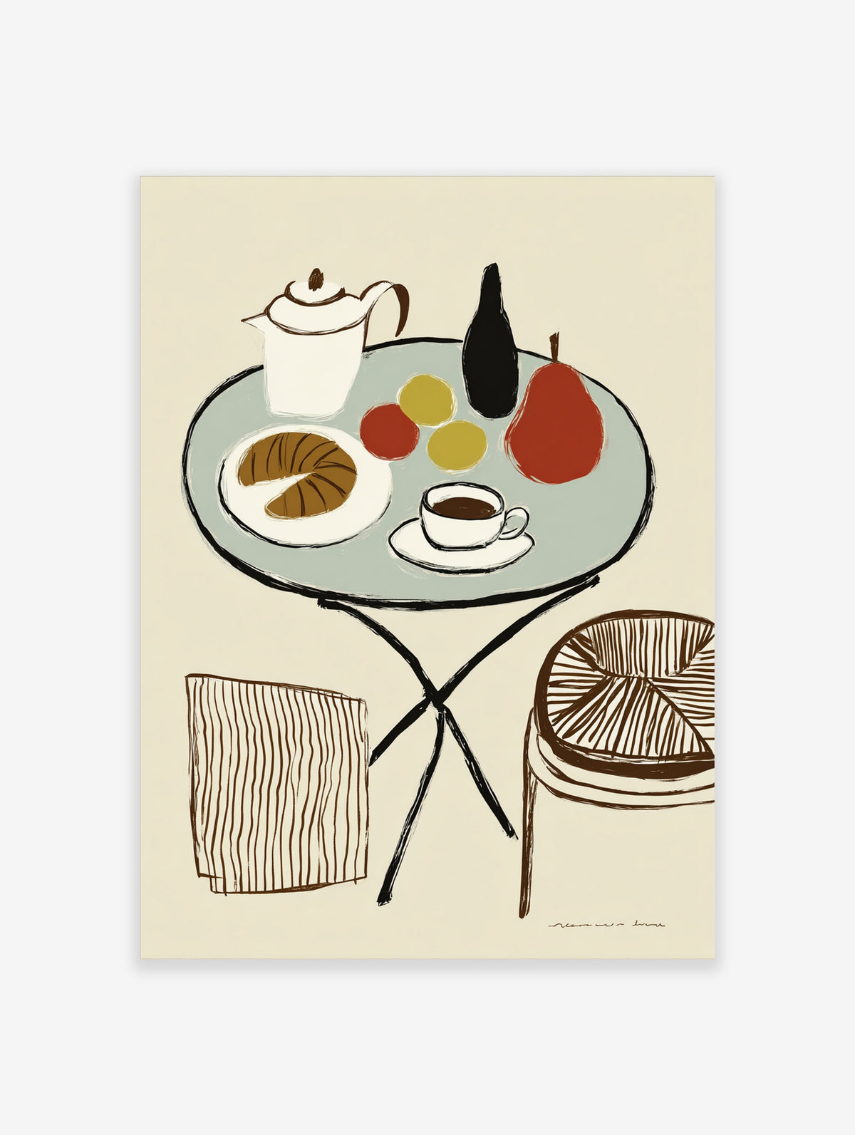 Illustrated café still life with teapot, croissant, coffee, pear, and fruit on round table