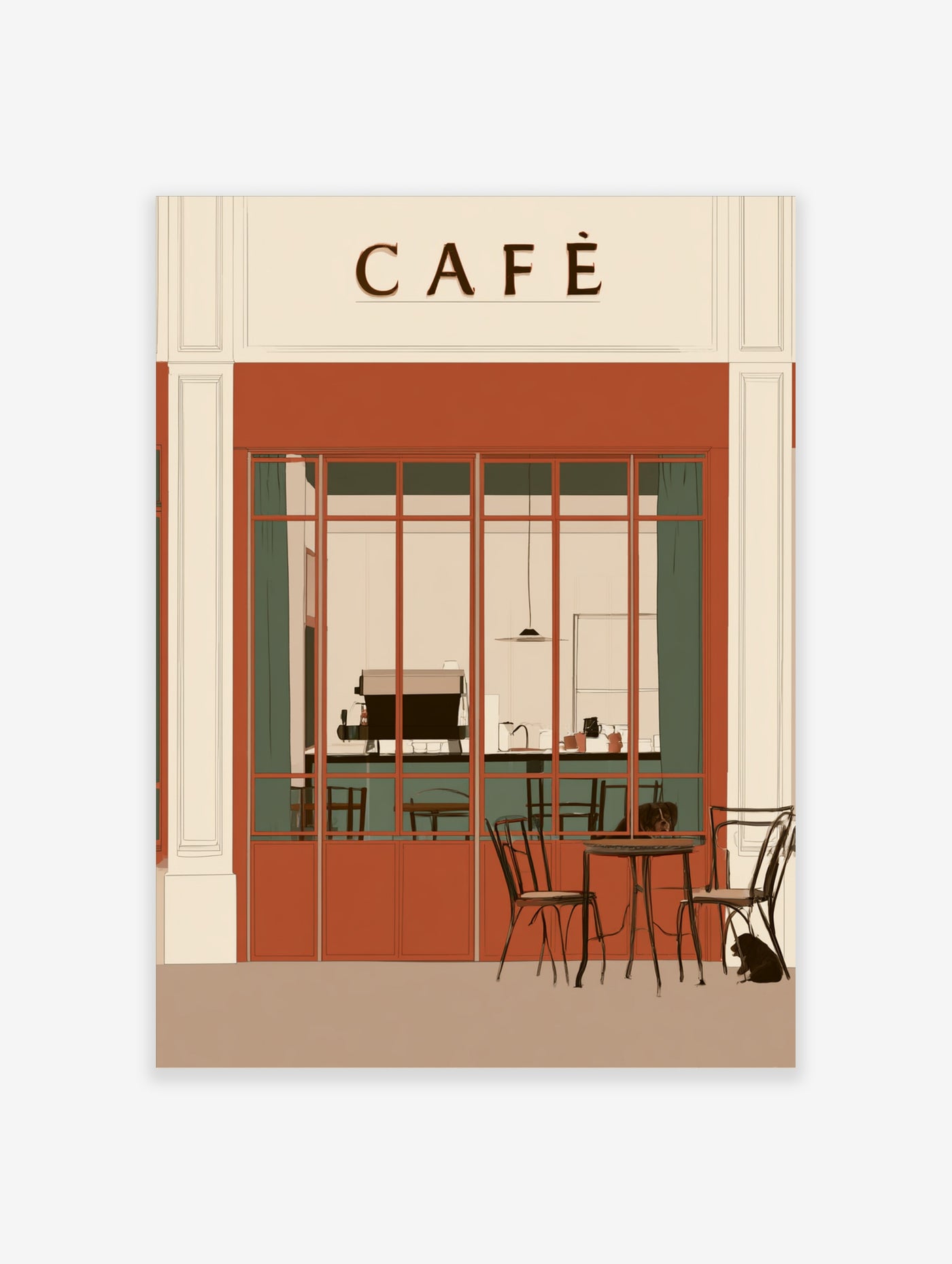 Retro café storefront illustration with red facade, large windows, outdoor seating, and CAFÉ sign