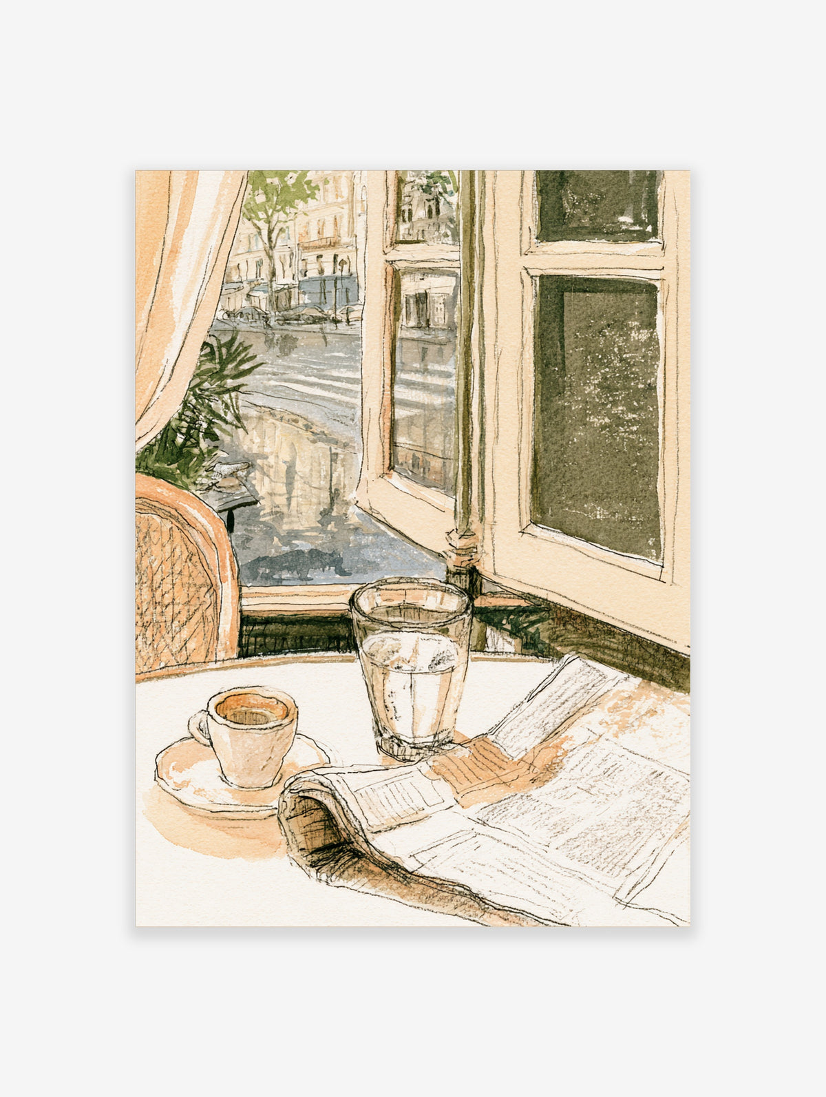 Watercolour cafe window poster with coffee cup, water glass, newspaper, and rainy street view