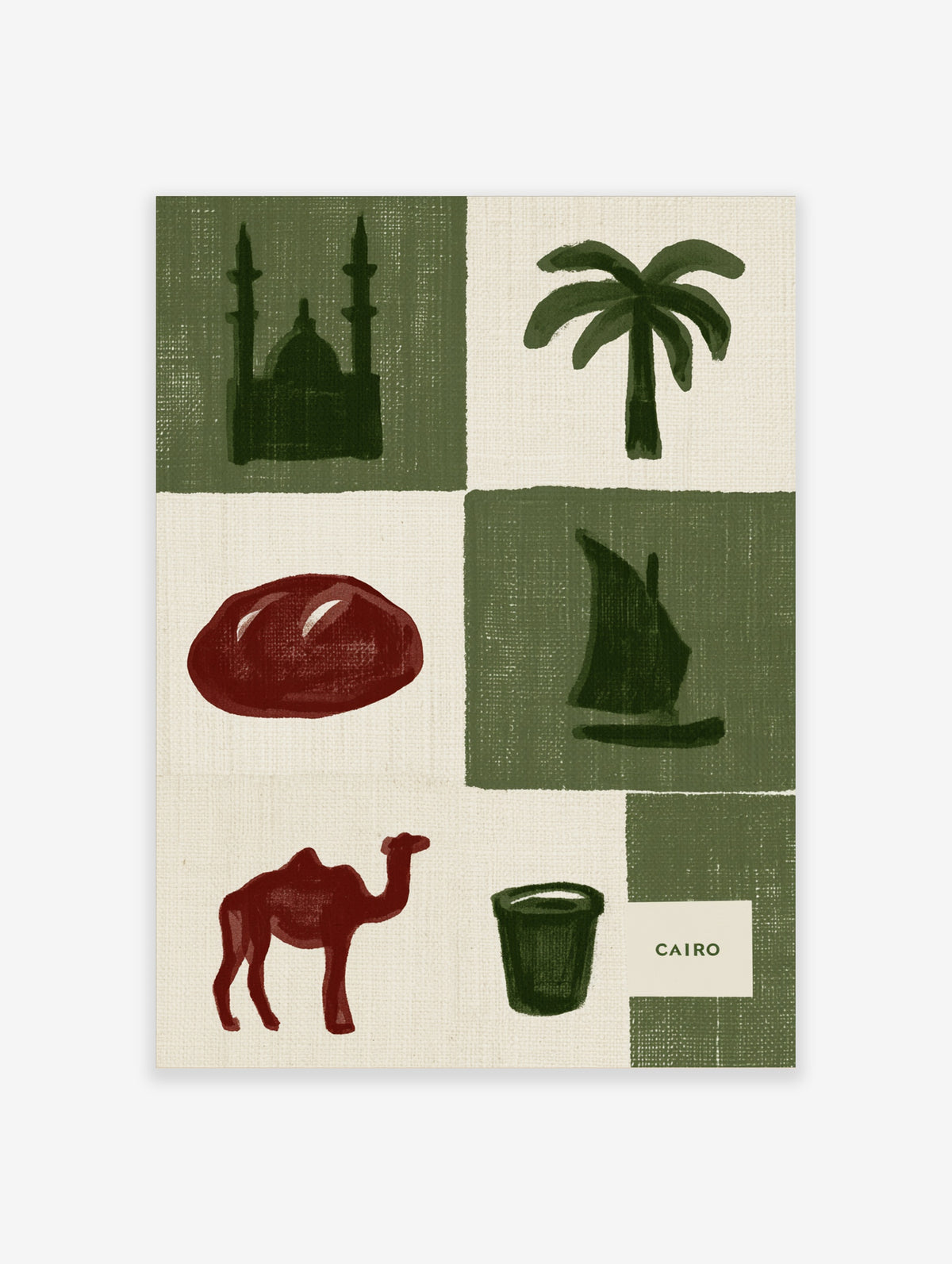 Cairo travel poster art featuring icons like a mosque, palm tree, sailboat, and camel in a green and red grid design