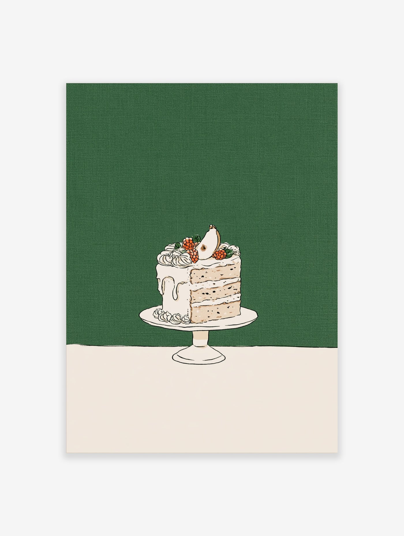 Cake slice illustration with berries and pear on a cake stand, against a green background, illustrative wall art print