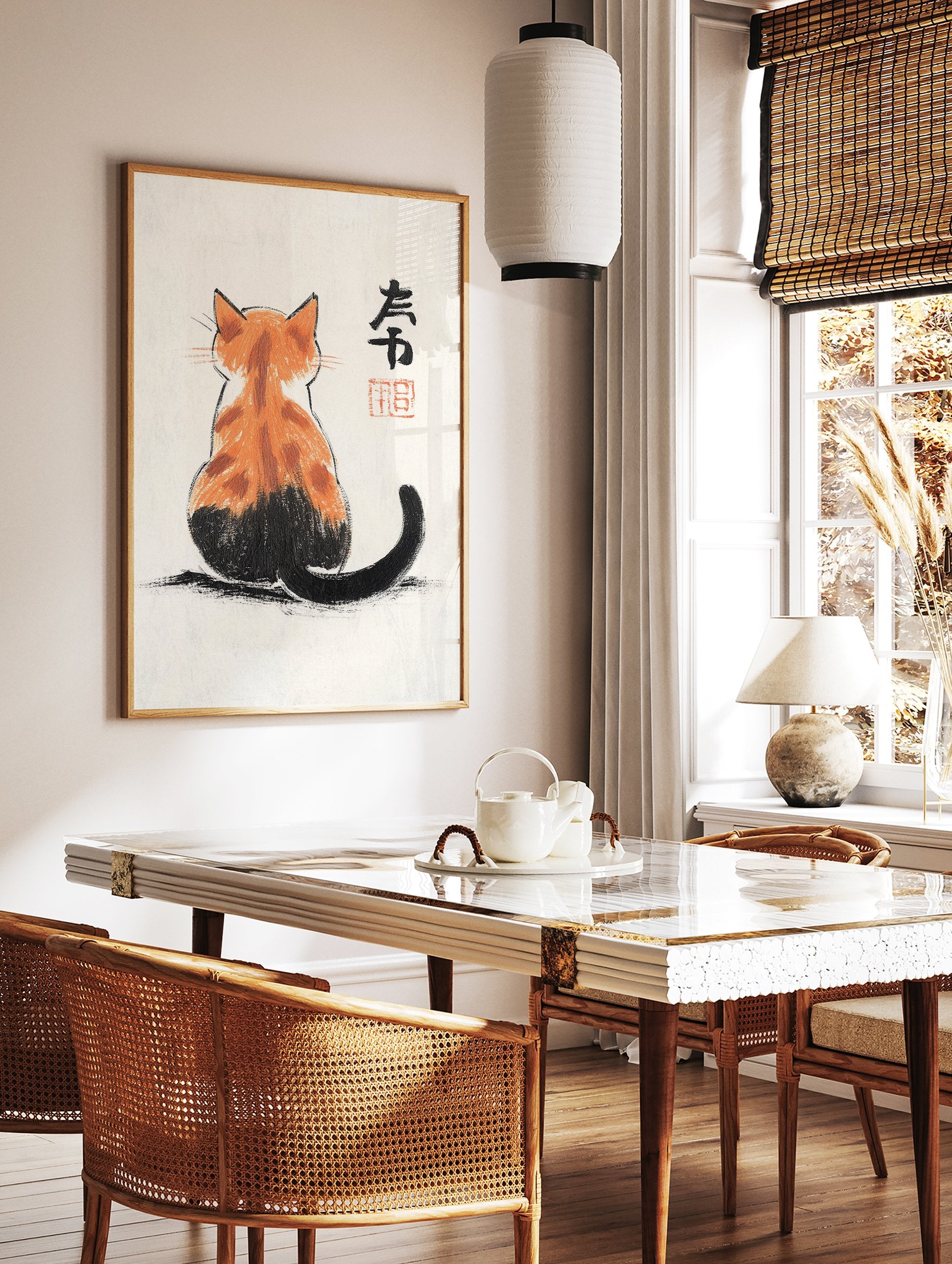 Calico cat poster in Japanese style, showing a cat from behind with orange and black fur, on a textured cream background with black calligraphy. - Image 2