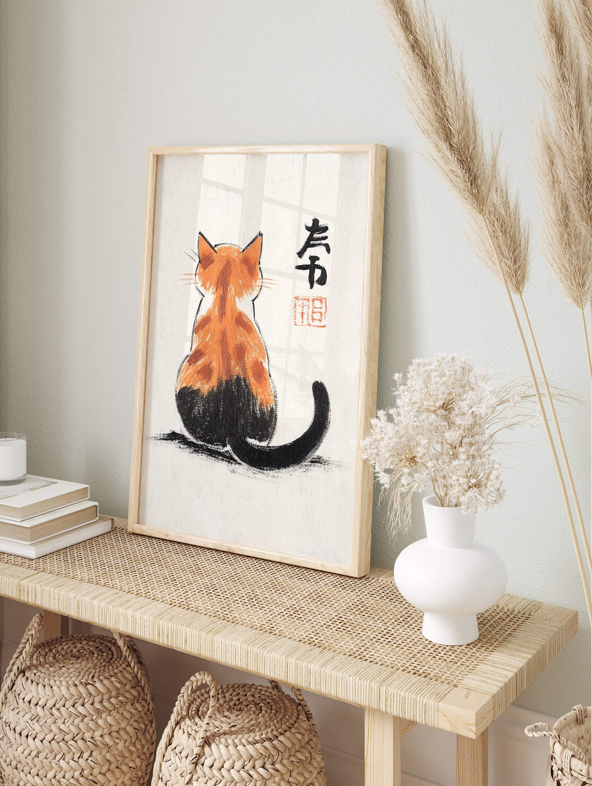 Calico cat poster in Japanese style, showing a cat from behind with orange and black fur, on a textured cream background with black calligraphy. - Image 4