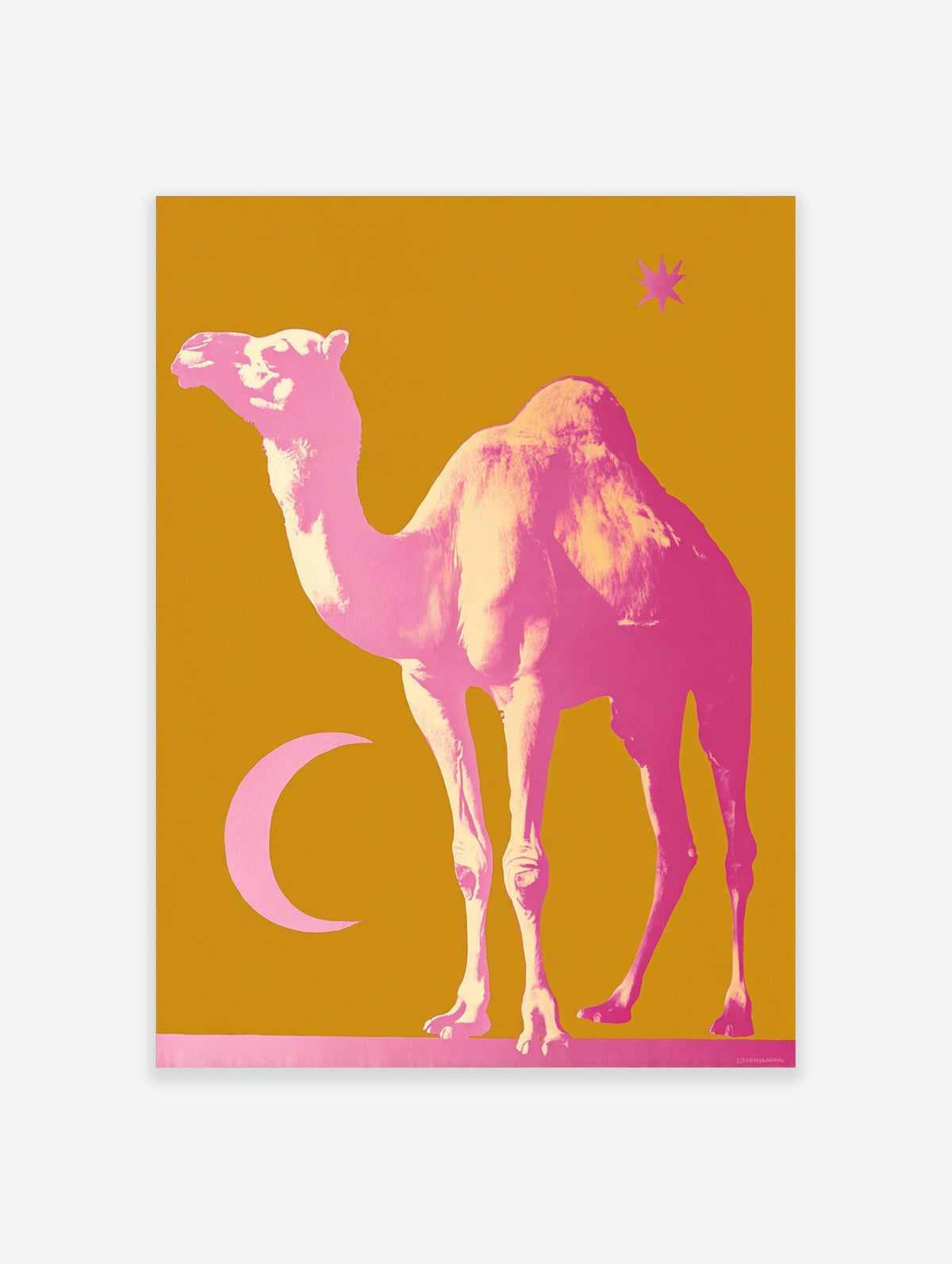 Pink camel, crescent moon, and star on a mustard yellow background, in a bold illustrative style