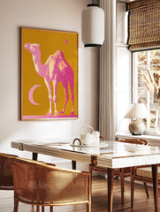 Pink camel, crescent moon, and star on a mustard yellow background, in a bold illustrative style, in a styled room mockup