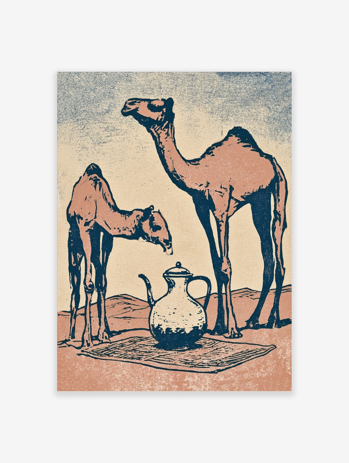 Camel and teapot poster with two camels and a patterned kettle on a rug in tan and navy
