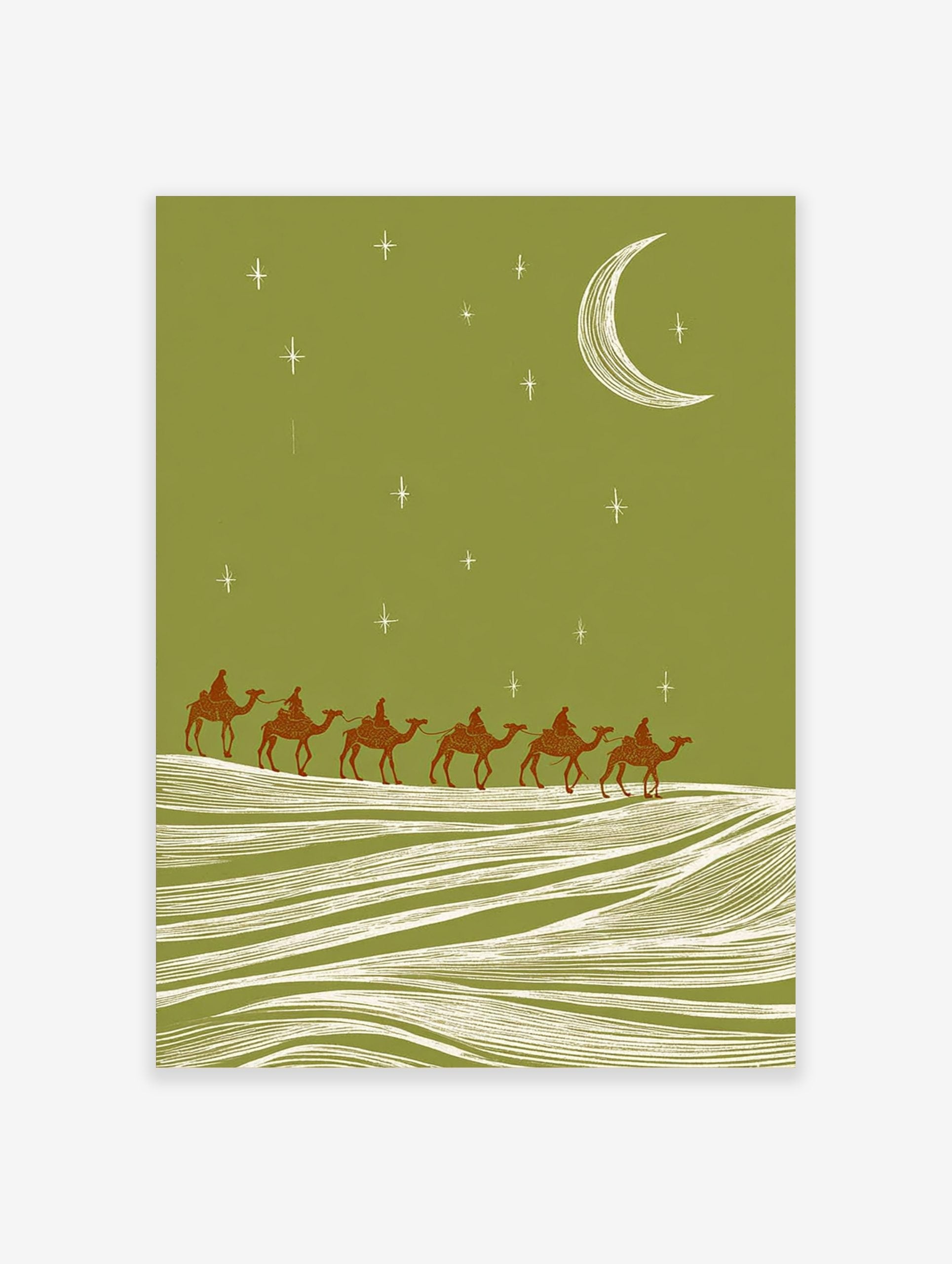 Illustrative camel caravan with six riders crossing sand dunes under a green night sky with moon and stars