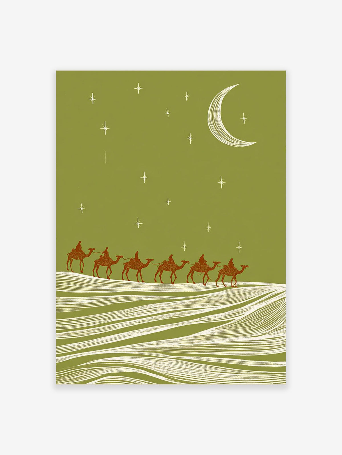 Illustrative camel caravan with six riders crossing sand dunes under a green night sky with moon and stars