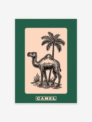 Black line art illustration of a camel and palm tree on beige, with a dark green border. CAMEL text below