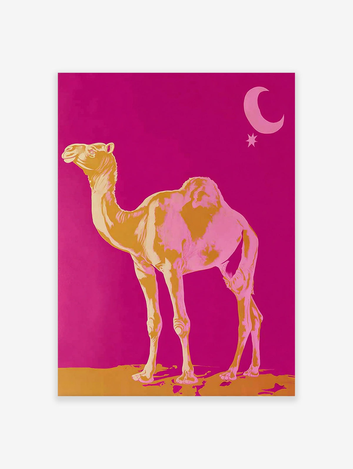 Golden yellow and pink camel standing on sand against fuchsia sky with moon and star