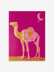 Golden yellow and pink camel standing on sand against fuchsia sky with moon and star