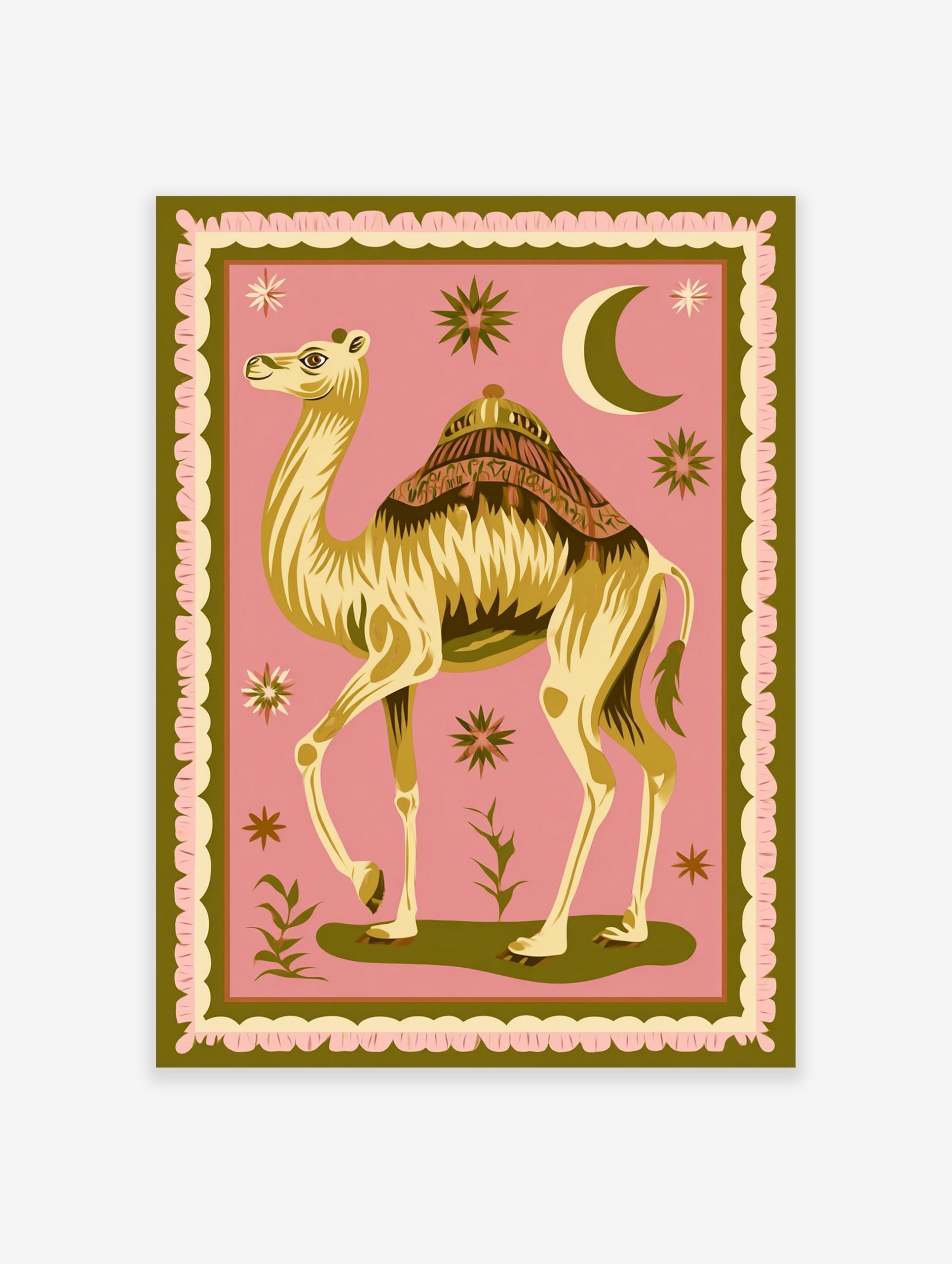 Illustrative camel with ornate saddle, crescent moon, and stars on pink background with green border