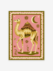 Illustrative camel with ornate saddle, crescent moon, and stars on pink background with green border