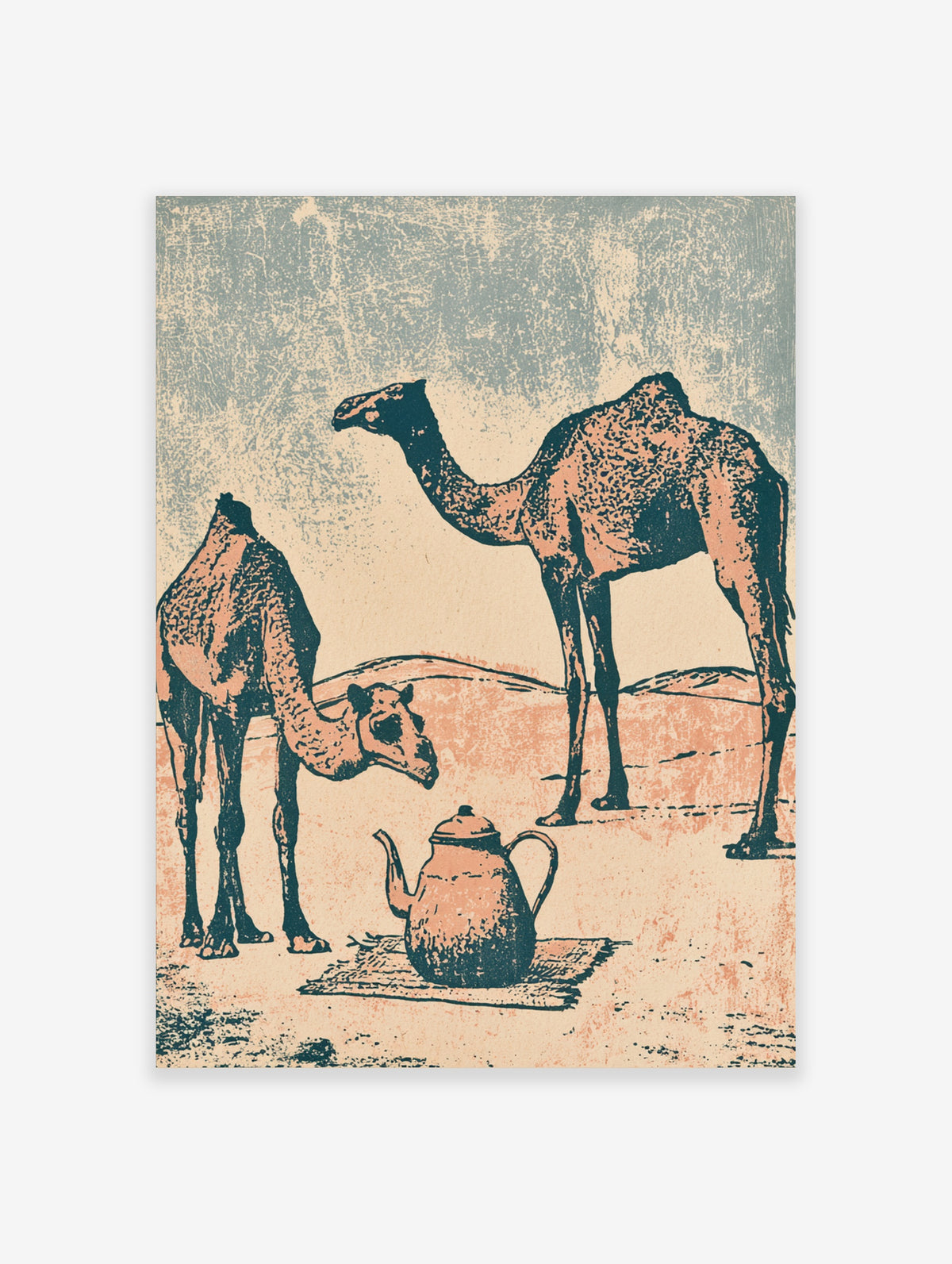 Camel wall art print showing two camels and a tea pot in a desert landscape with peach and blue tones