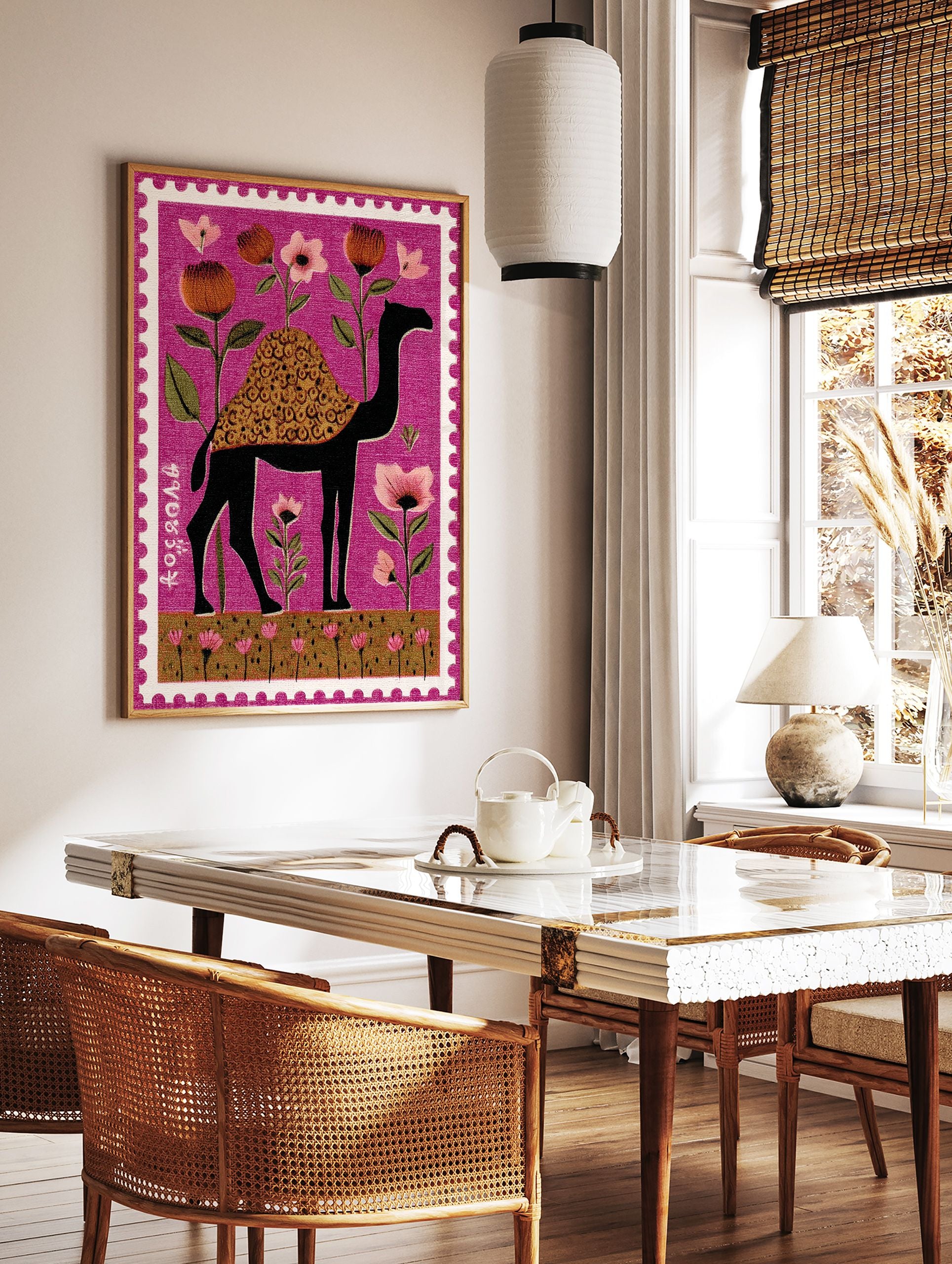 Stylized black camel with floral hump and pink flowers on a magenta background, designed as a perforated stamp print. - Image 3