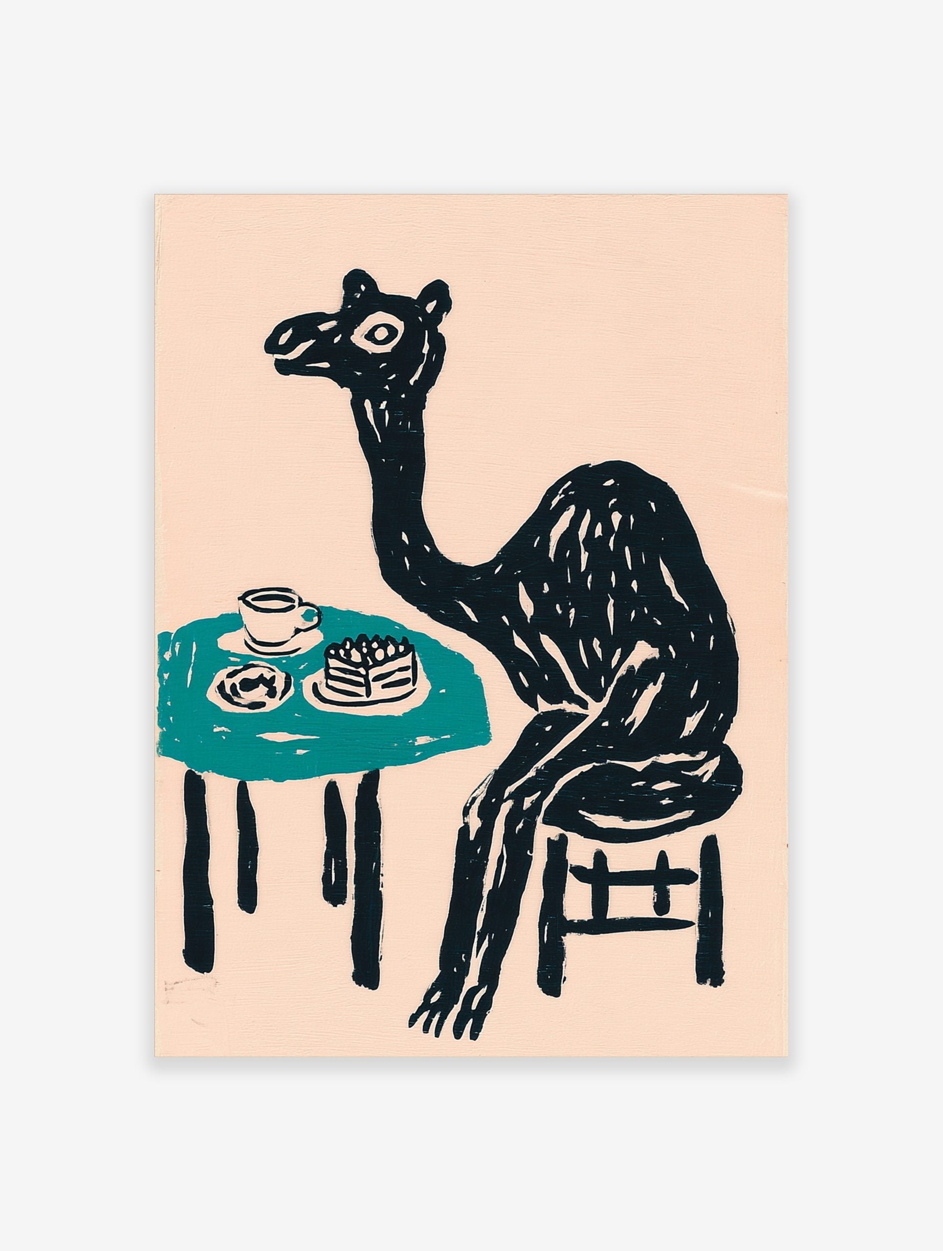 Whimsical black camel sitting at a teal table with cake and a cup, against a pale pink background