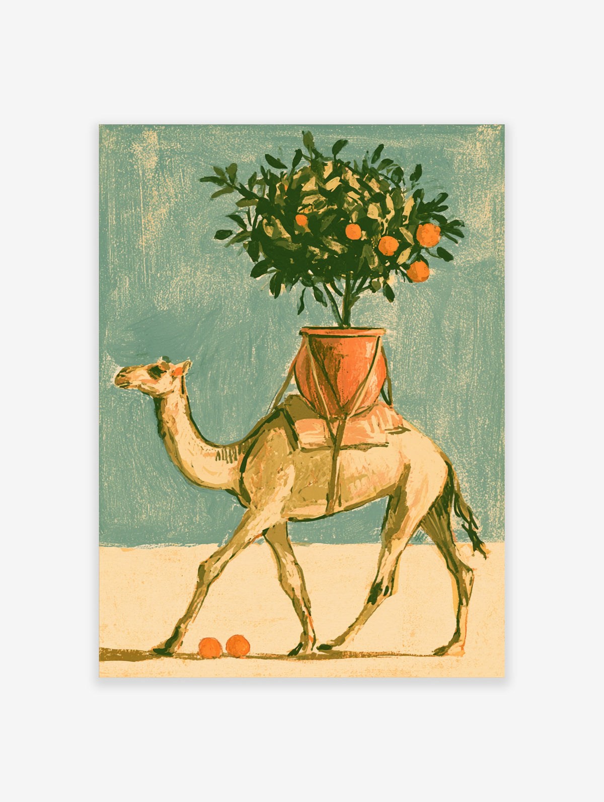 Camel carrying a potted orange tree poster with teal background and two loose oranges on sandy ground
