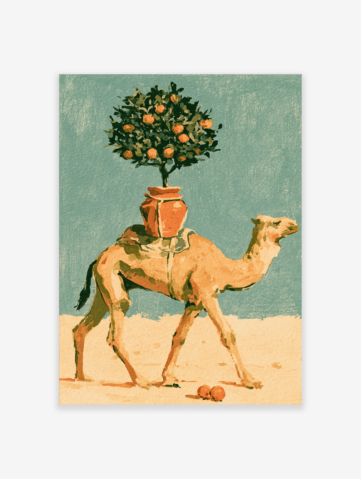 Camel carrying a potted orange tree on its back, surreal desert art print with teal sky