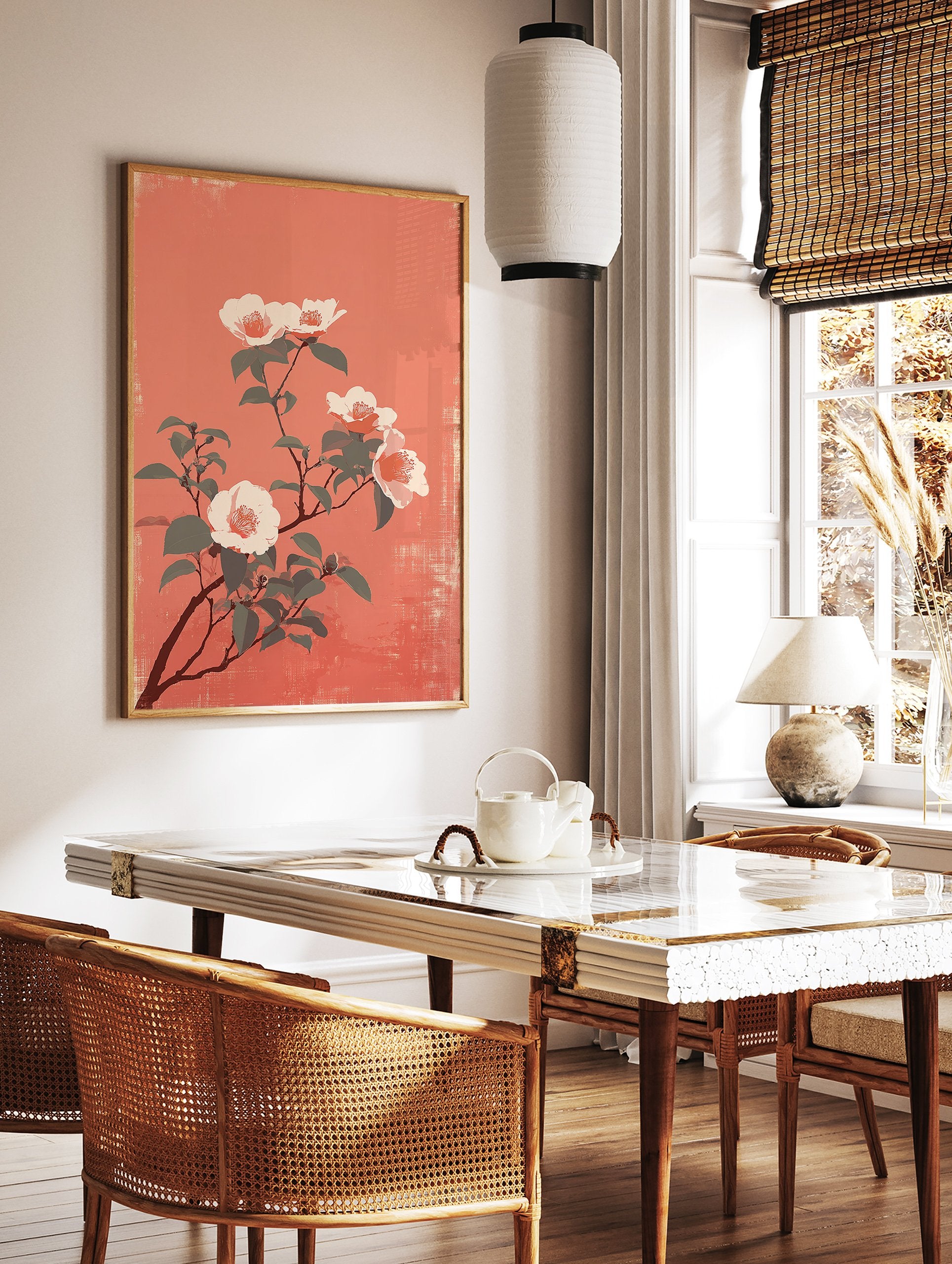 Japanese style camellia flower poster with white and pink blooms on a coral background with dark green leaves. - Image 2