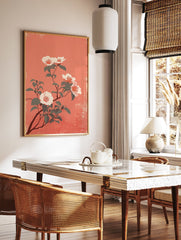 Japanese style camellia flower poster with white and pink blooms on a coral background with dark green leaves. - Image 2