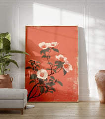 Japanese style camellia flower poster with white and pink blooms on a coral background with dark green leaves. - Image 3