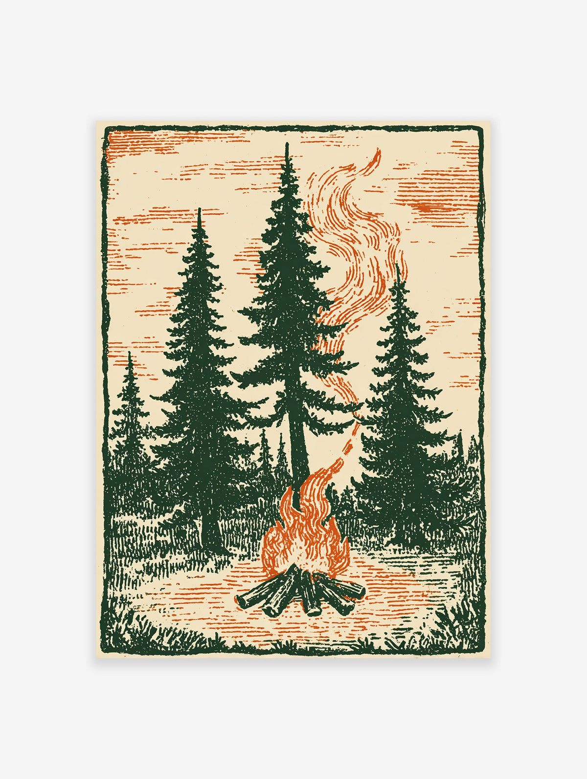 Vintage illustration of a campfire burning brightly in a forest with tall pine trees, surrounded by nature and smoke.