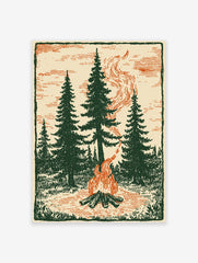 Vintage illustration of a campfire burning brightly in a forest with tall pine trees, surrounded by nature and smoke.