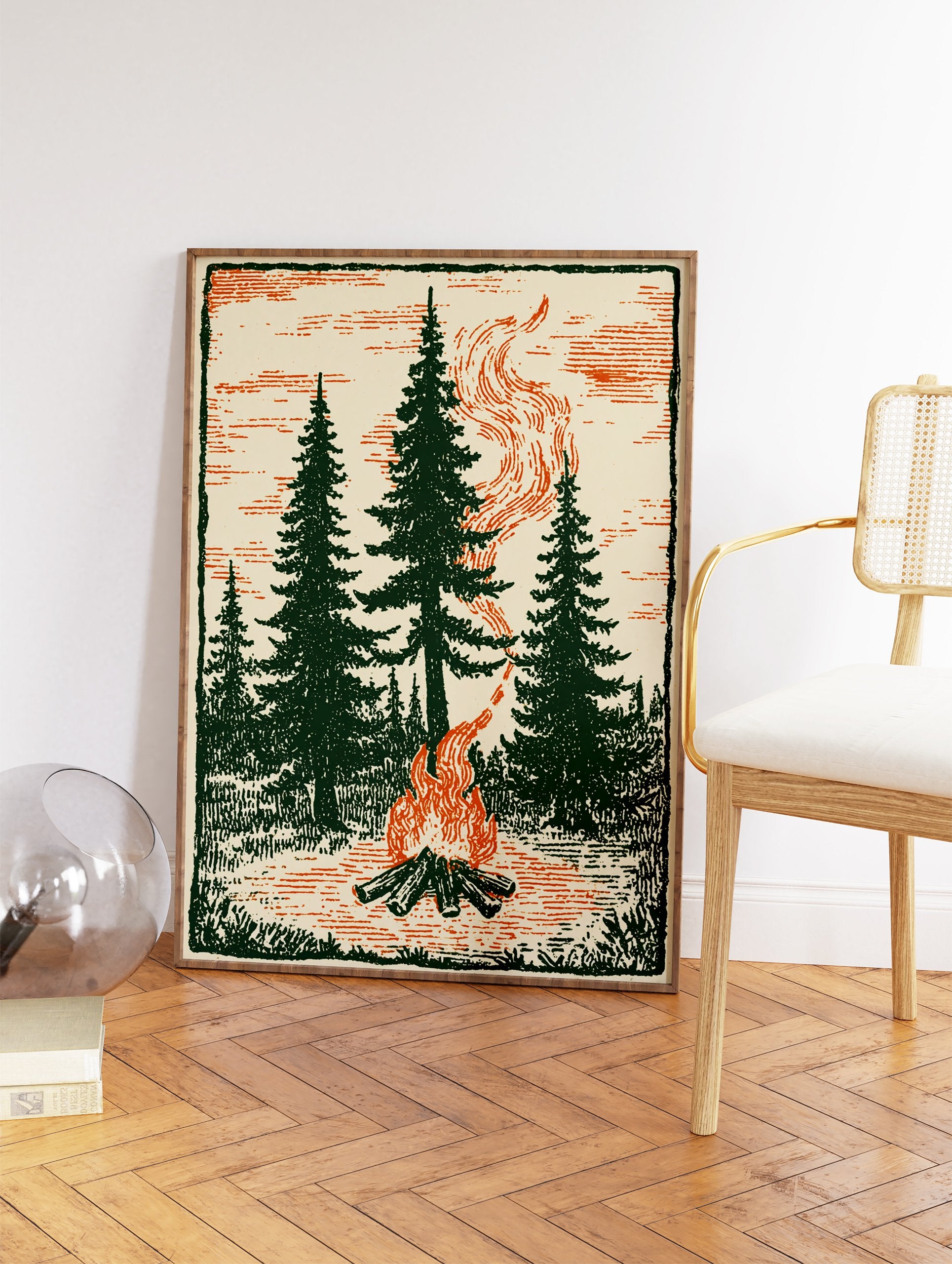 Vintage illustration of a campfire burning brightly in a forest with tall pine trees, surrounded by nature and smoke. - Image 2