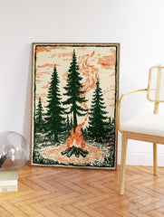 Vintage illustration of a campfire burning brightly in a forest with tall pine trees, surrounded by nature and smoke. - Image 2