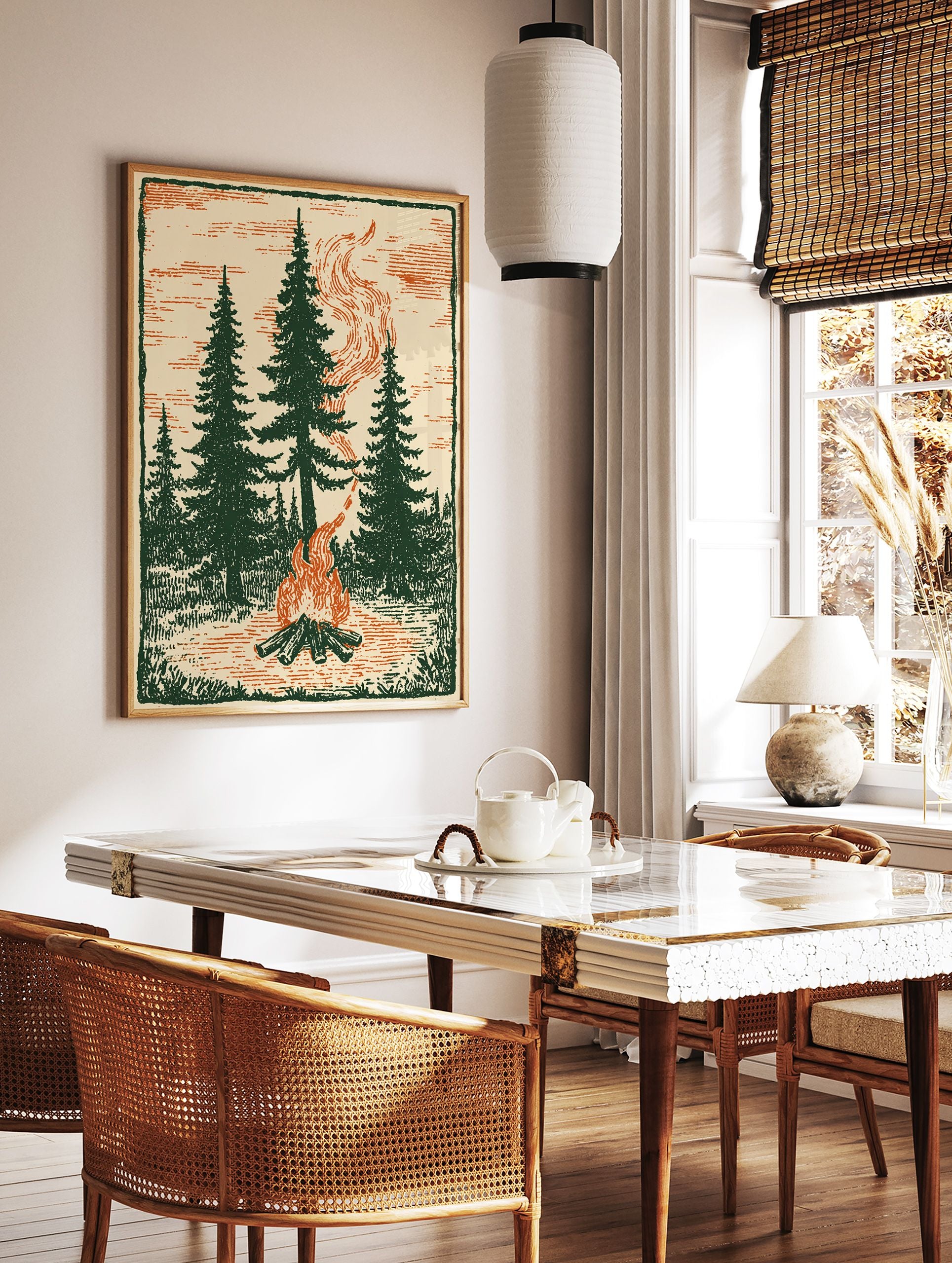 Vintage illustration of a campfire burning brightly in a forest with tall pine trees, surrounded by nature and smoke. - Image 3