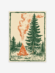Vintage illustration of a campfire in a forest with pine trees and a tent. Campfire wall art for nature lovers.