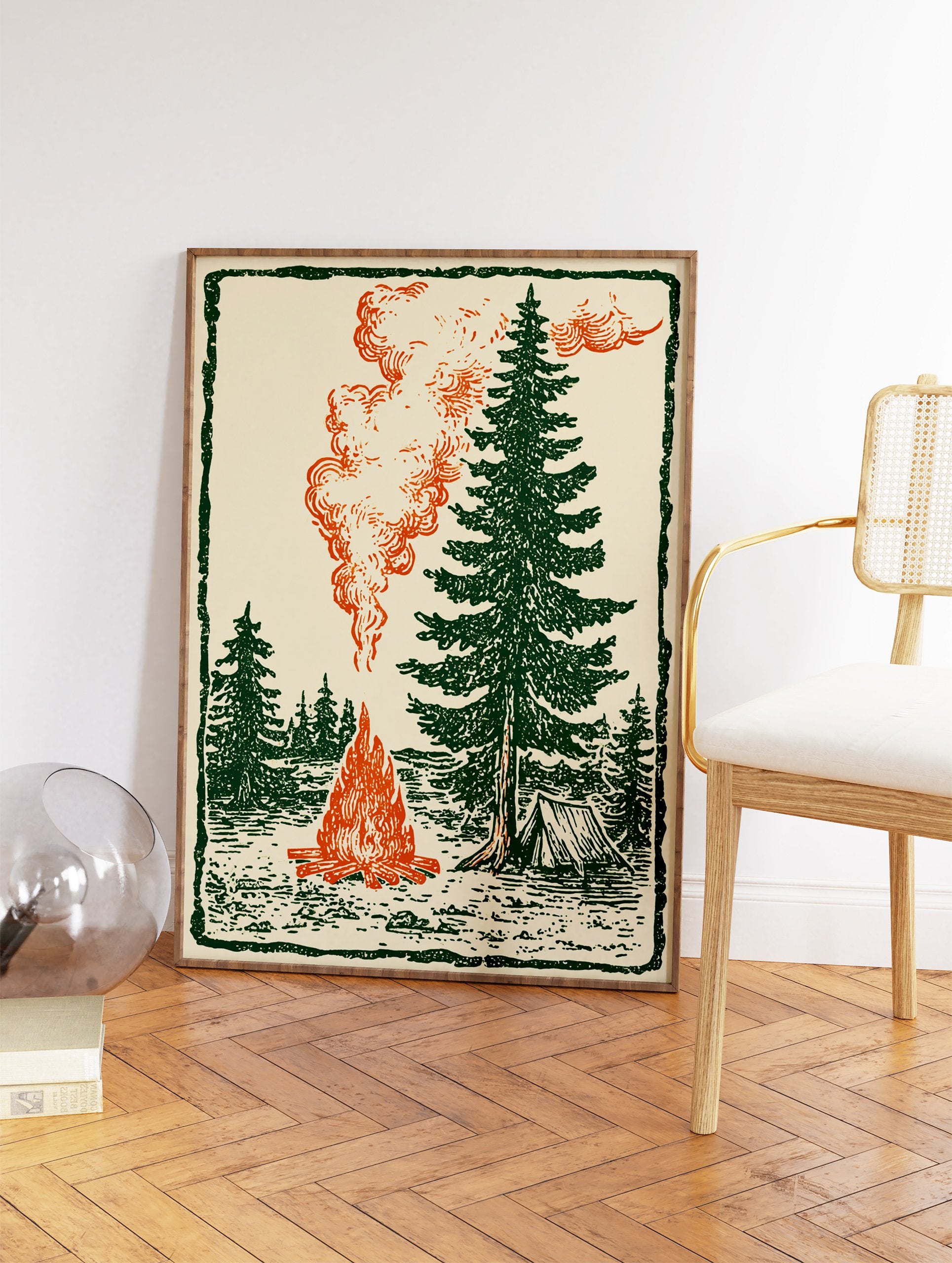 Vintage illustration of a campfire in a forest with pine trees and a tent. Campfire wall art for nature lovers. - Image 2