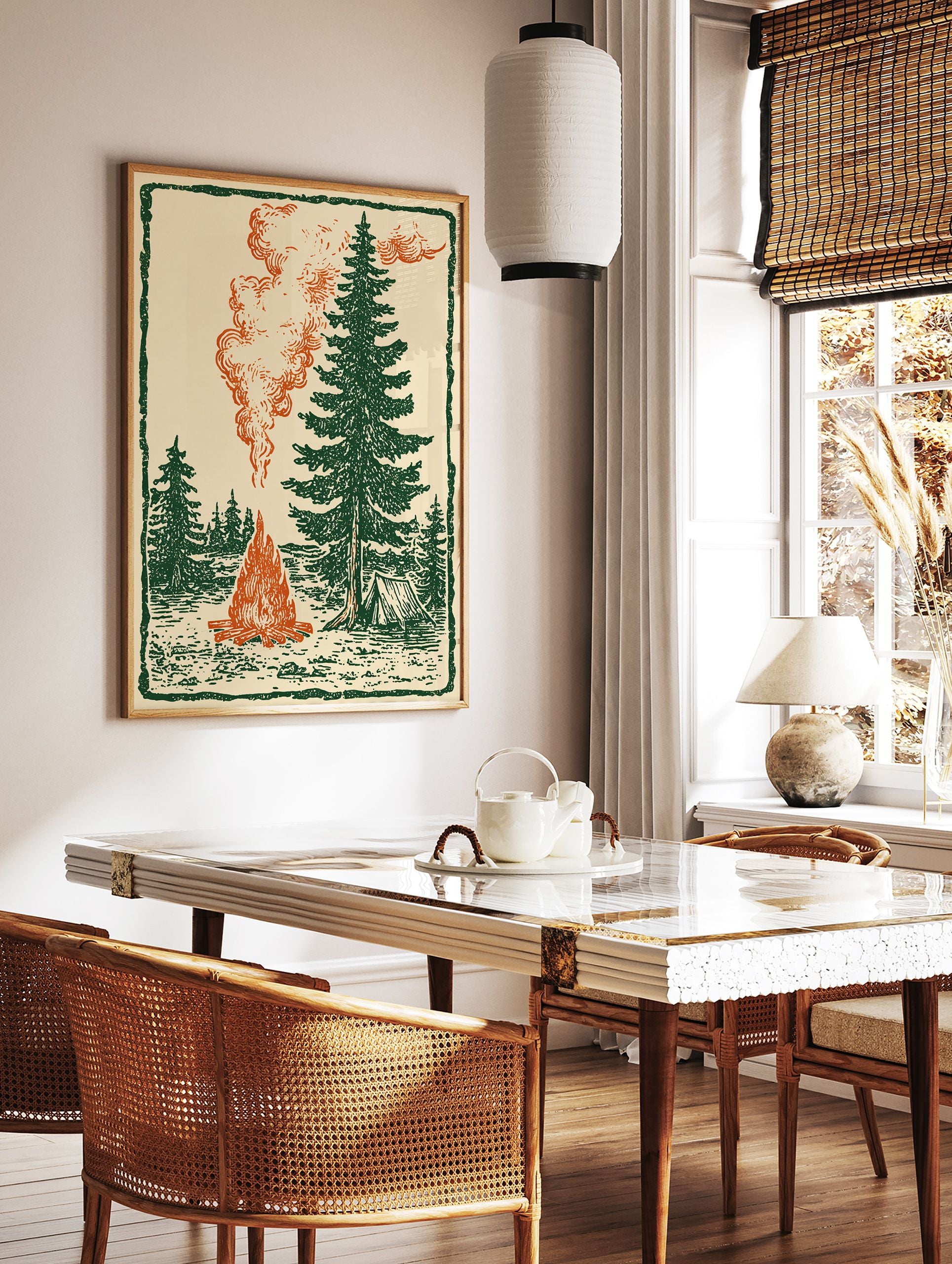 Vintage illustration of a campfire in a forest with pine trees and a tent. Campfire wall art for nature lovers. - Image 3
