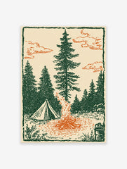 Illustrated camping art print with a tent, bonfire, and pine trees under an orange cloudy sky.