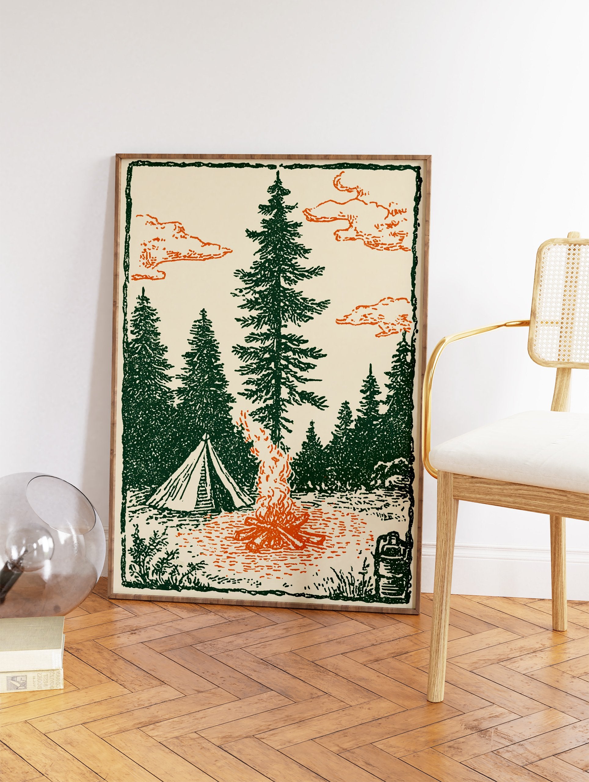 Illustrated camping art print with a tent, bonfire, and pine trees under an orange cloudy sky. - Image 2