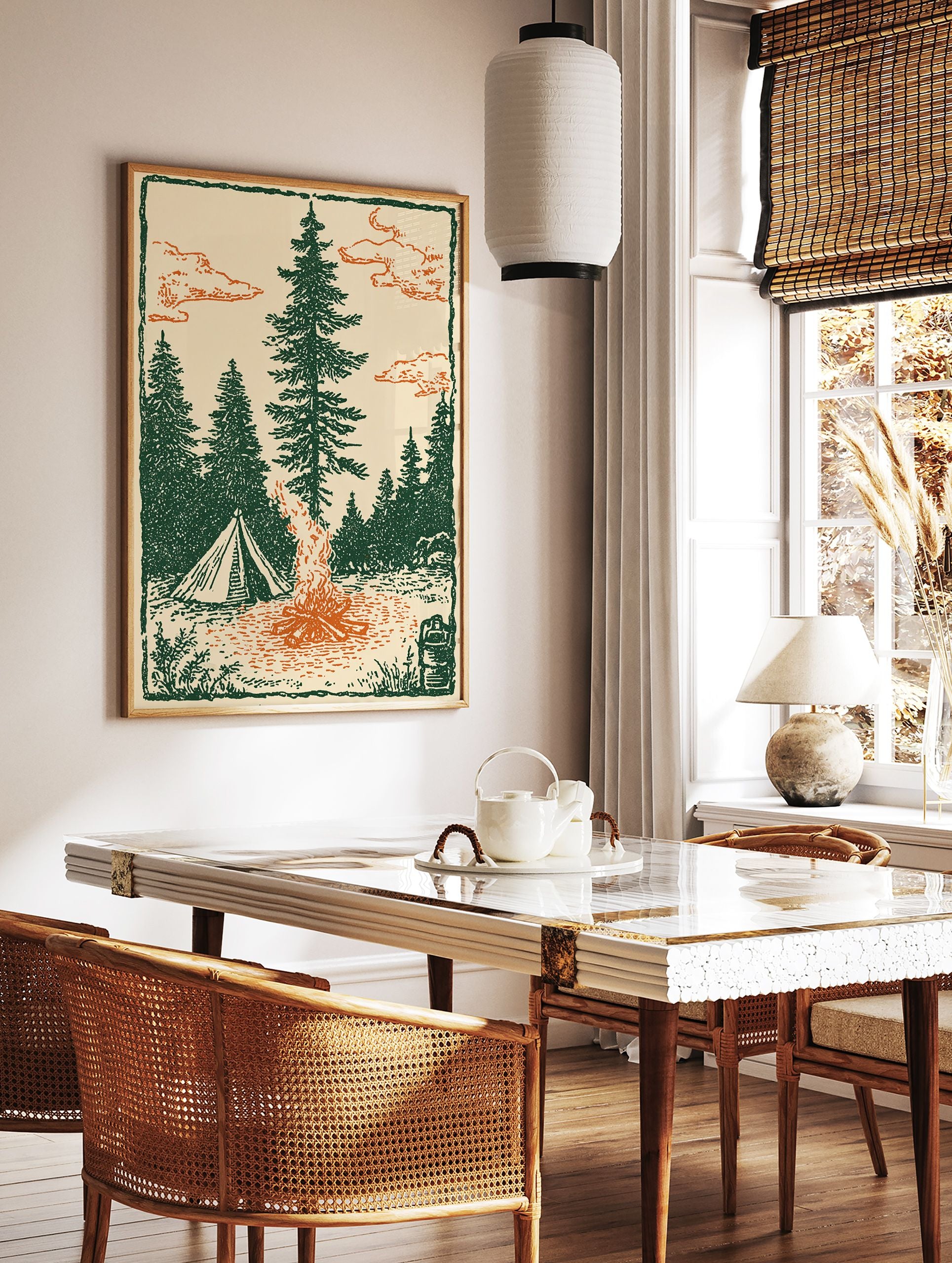 Illustrated camping art print with a tent, bonfire, and pine trees under an orange cloudy sky. - Image 3