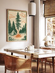 Illustrated camping art print with a tent, bonfire, and pine trees under an orange cloudy sky. - Image 3