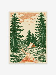 Vintage camping forest art print with green pine trees, an orange path, a lake, and a tent in an illustrative style.