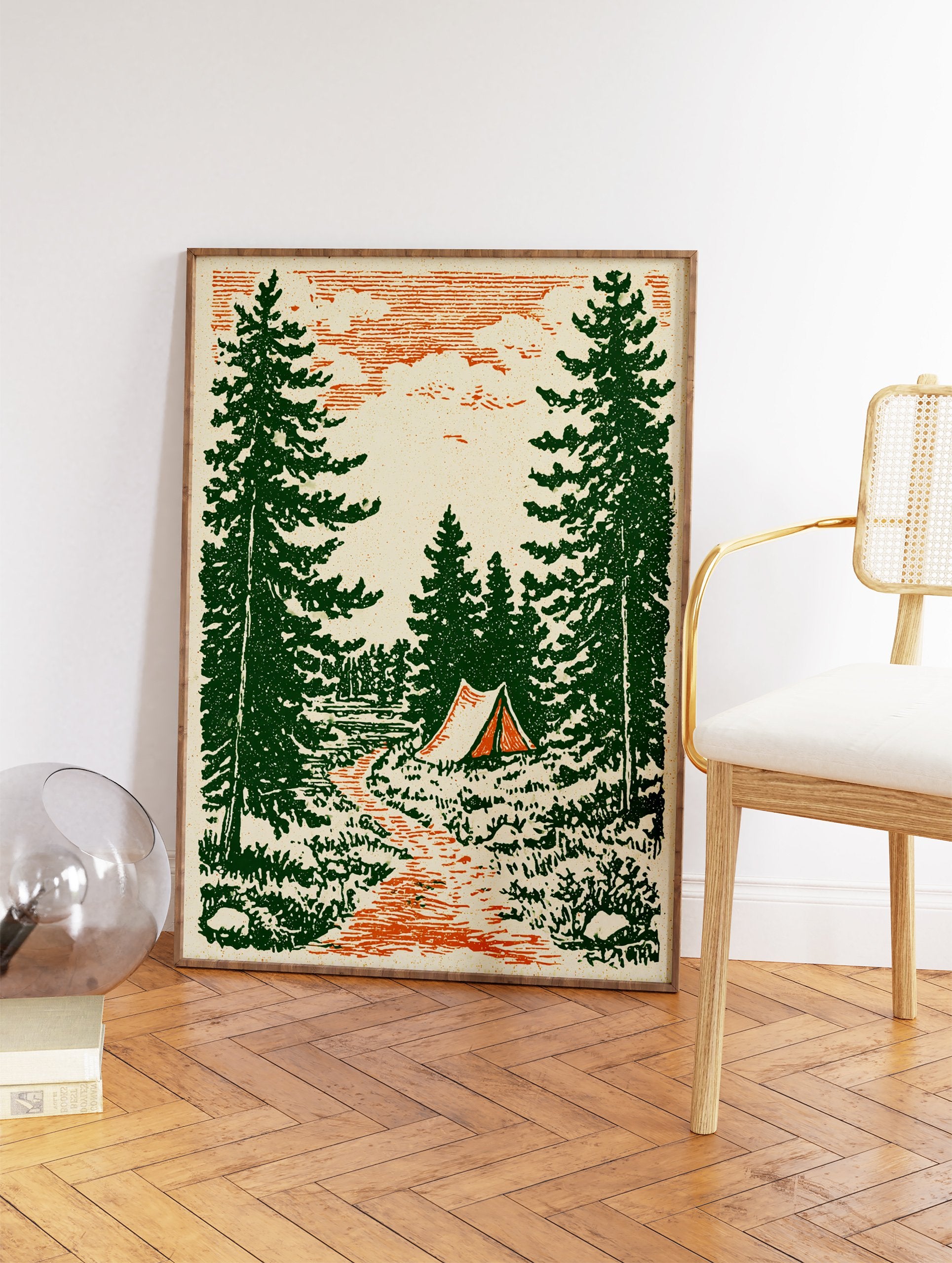 Vintage camping forest art print with green pine trees, an orange path, a lake, and a tent in an illustrative style. - Image 2