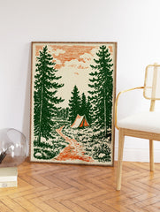 Vintage camping forest art print with green pine trees, an orange path, a lake, and a tent in an illustrative style. - Image 2